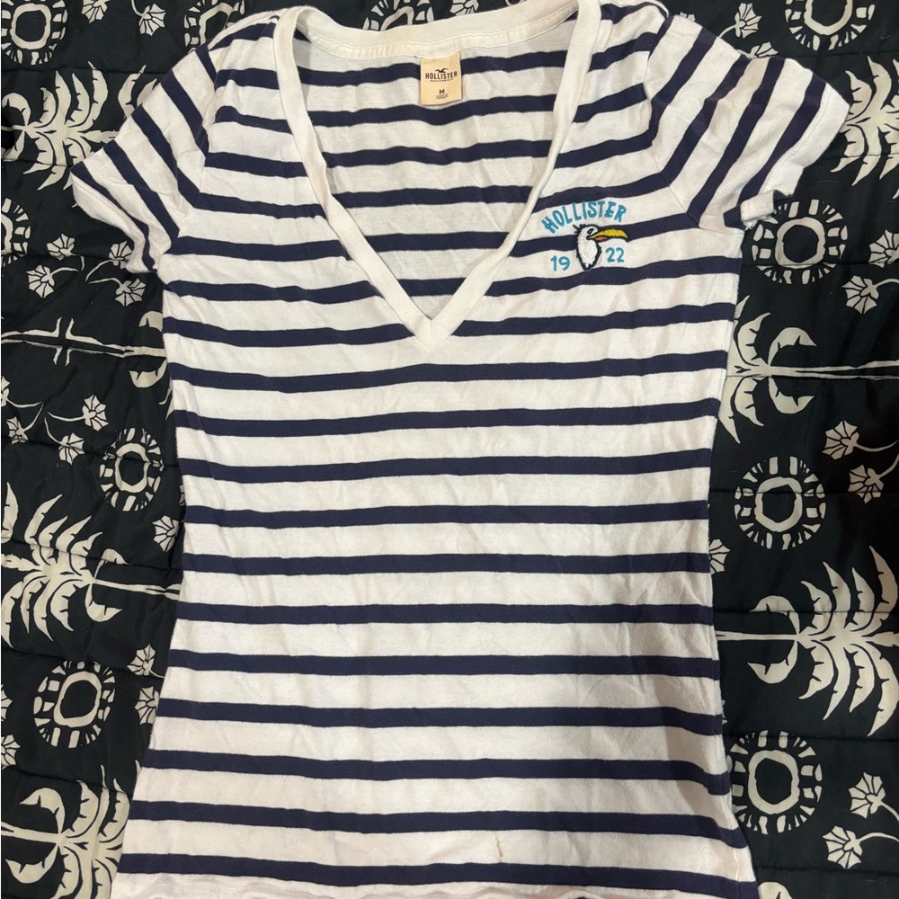 Hollister Navy and White Striped Tee